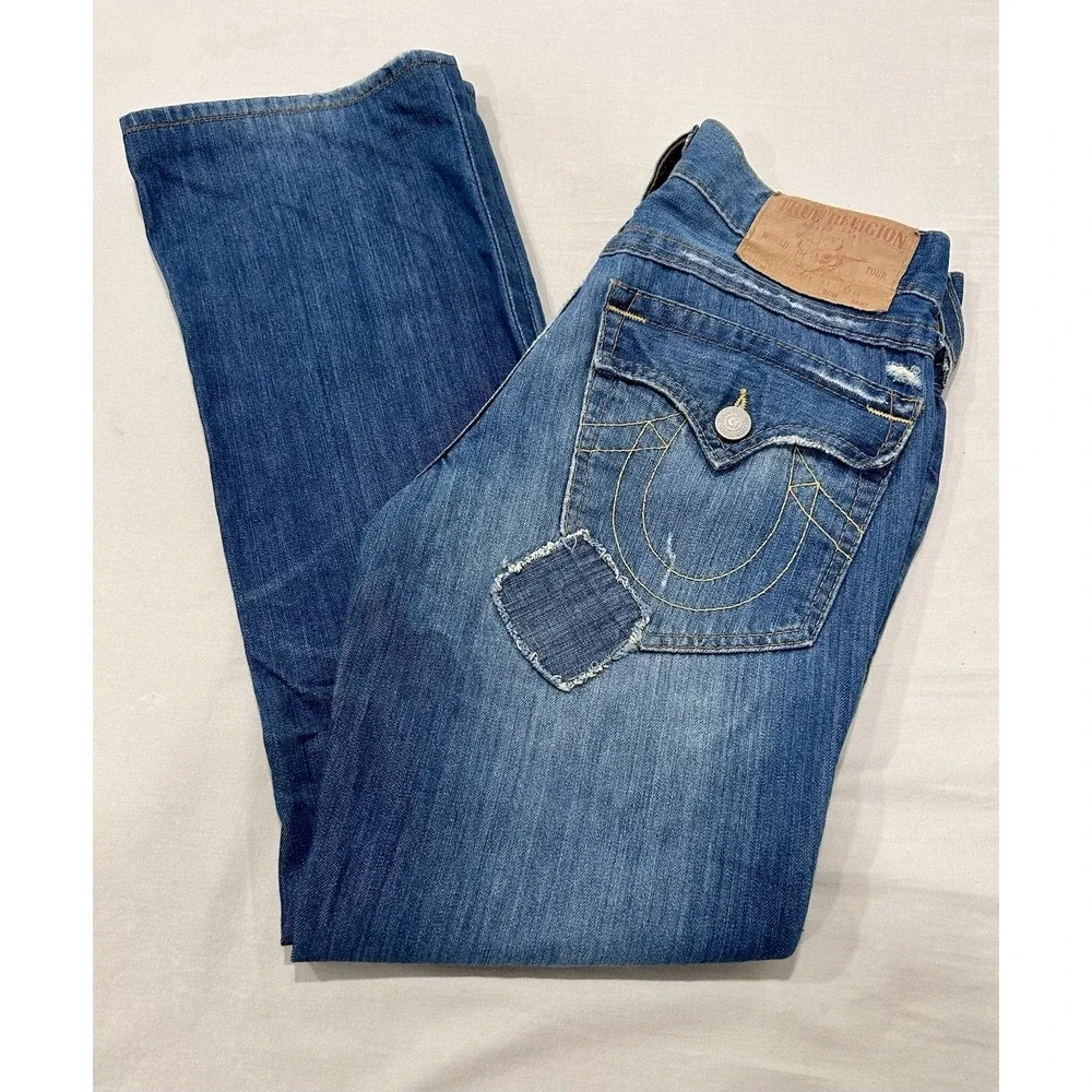 True Religion Billy Patchwork Distressed Jeans Mens 30 x31 Made in USA Blue Med